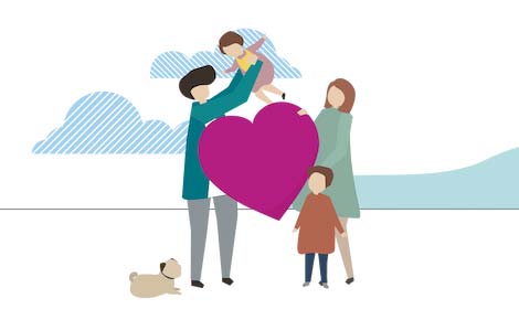  Animated drawing of a family surrounding a love heart outdoors.