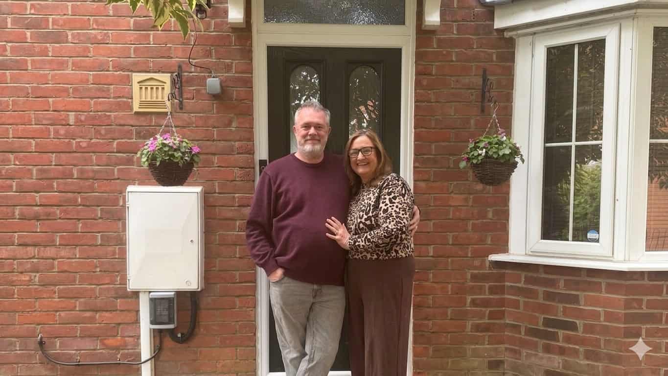 Couple standing infront of their home